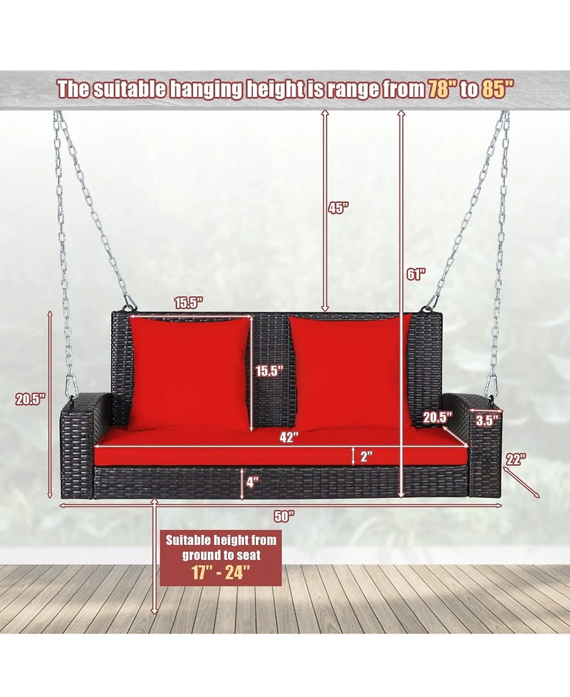 2-Person Patio Rattan Porch Swing with Cushions