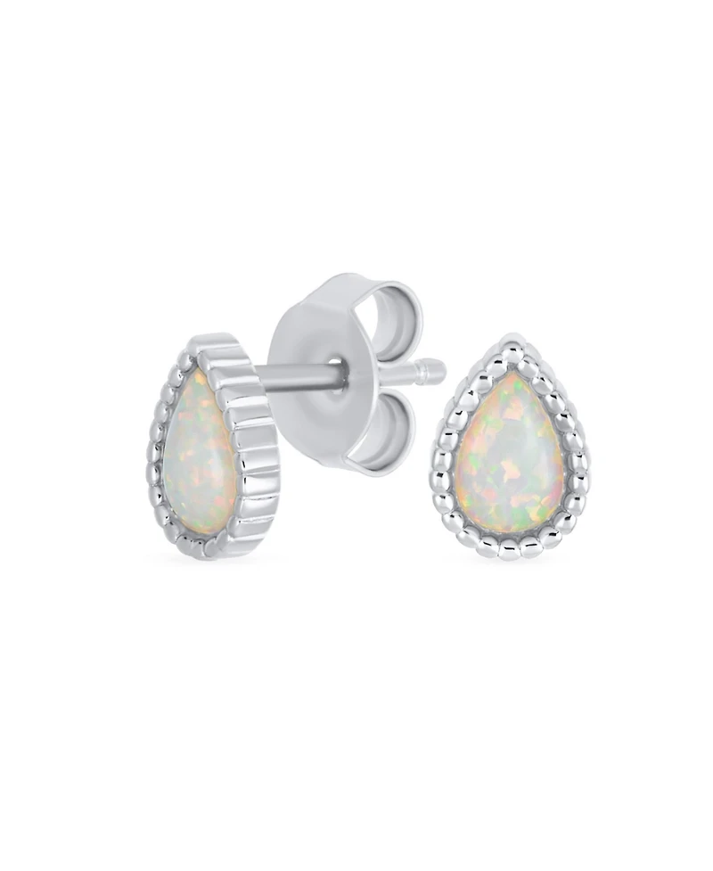 Bling Jewelry Tiny Petite Mini Teardrop Bezel Milgrain Created White Opal Stud Earrings .925 Sterling Silver