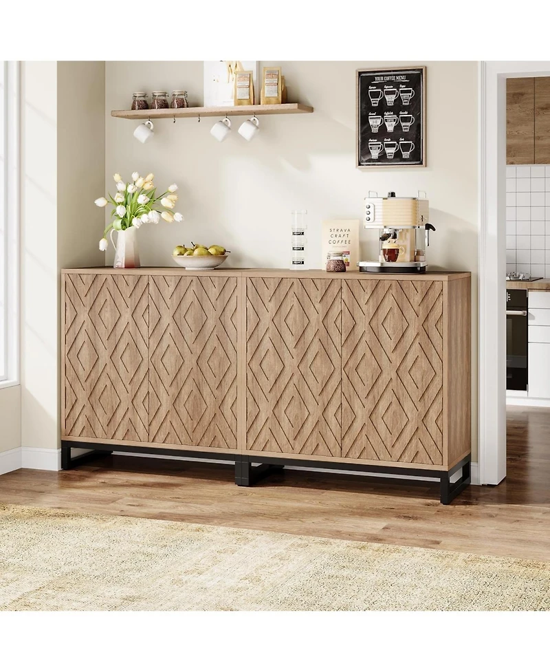 Tribesigns Sideboard Buffet Cabinet with Storage, 57.5" Farmhouse Coffee Bar 4 Doors & Shelves, Set of 2 Wood Credenza Table