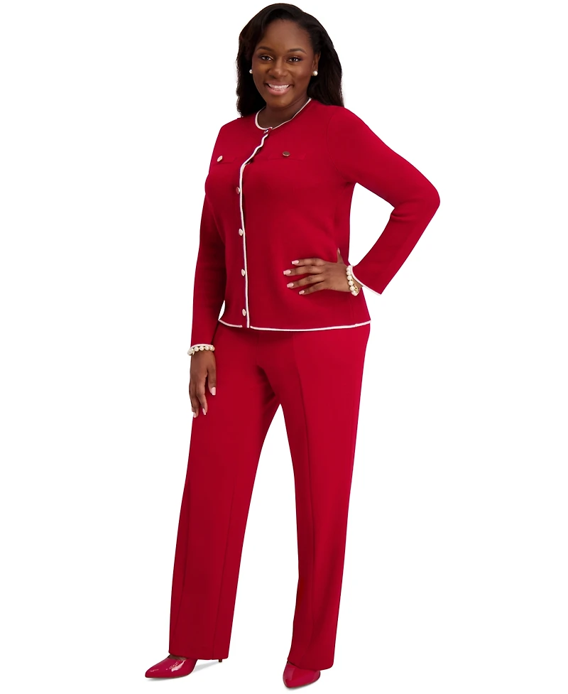 Kasper Round-Neck Long-Sleeve Button Front Cardigan, Regular & Plus