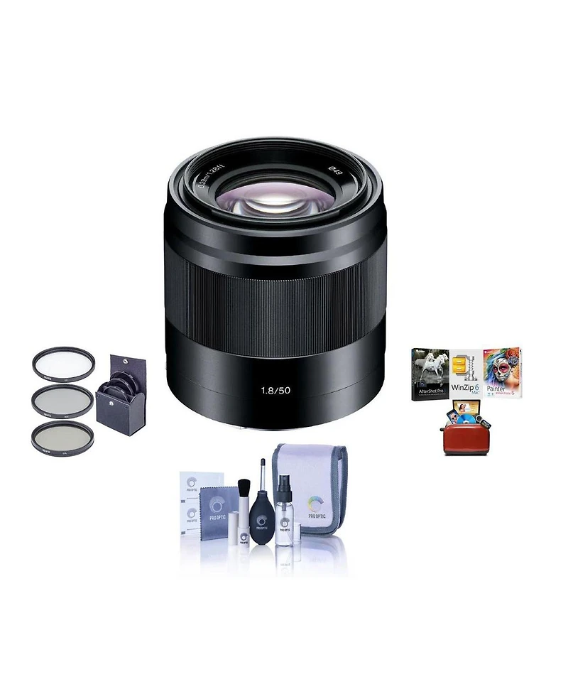 Sony E 50mm f/1.8 Oss Lens for Sony E, Black, Bundle with 49mm Filter Kit, Cleaning Kit, Mac Software Kit