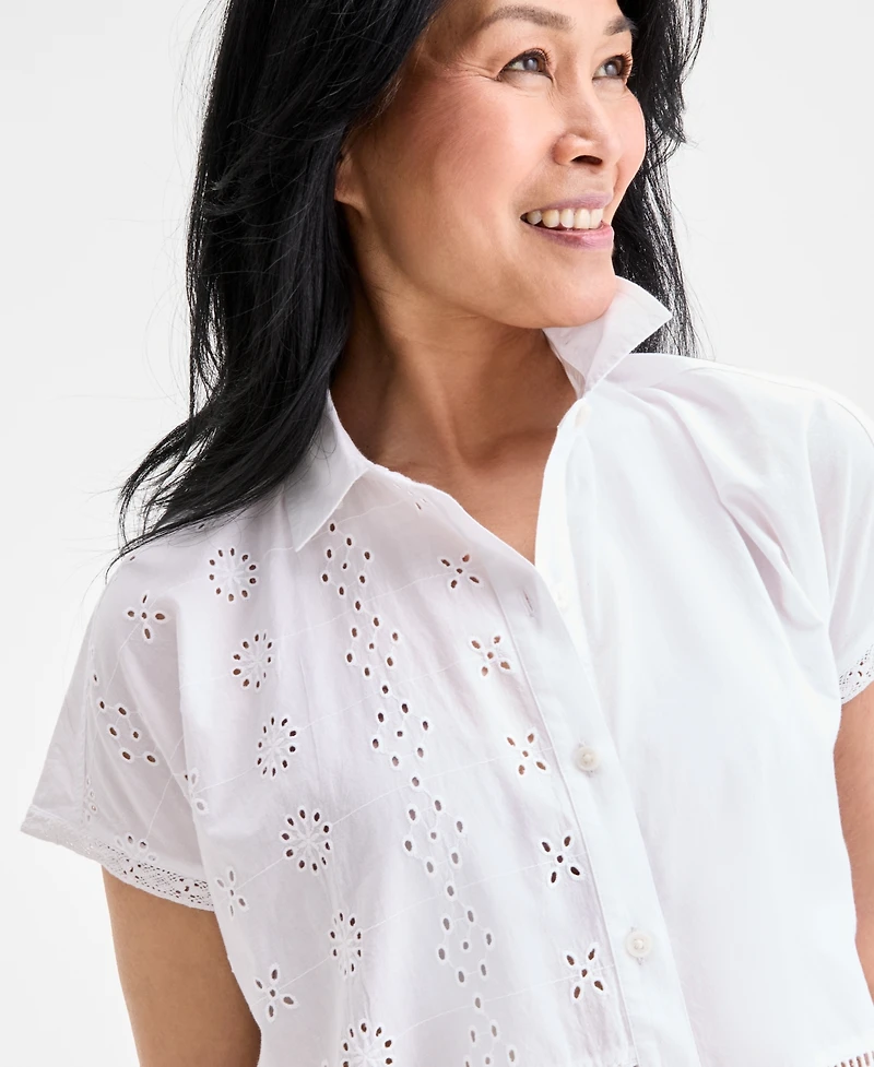 Style & Co Women's Cotton Eyelet Button-Front Camp Shirt, Exclusively at Macy's