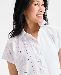 Style & Co Women's Cotton Eyelet Button-Front Camp Shirt, Exclusively at Macy's