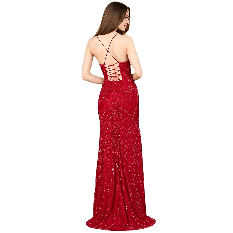 Lara Women's Lace Up Open Back Beaded Dress
