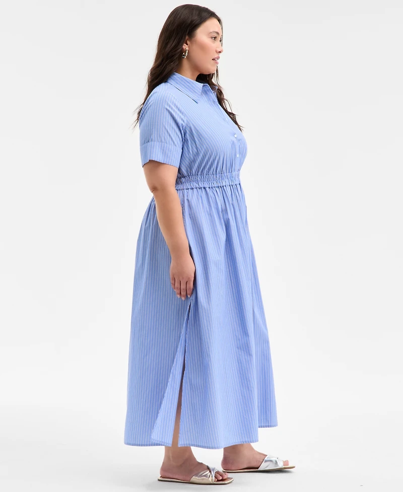 On 34th Plus Size Striped Classic-Collar Midi Shirtdress, Exclusively at Macy's