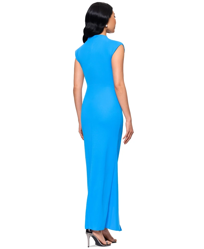 Betsy & Adam Women's Mock Neck Cap Sleeve Ruched Gown