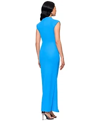 Betsy & Adam Women's Mock Neck Cap Sleeve Ruched Gown