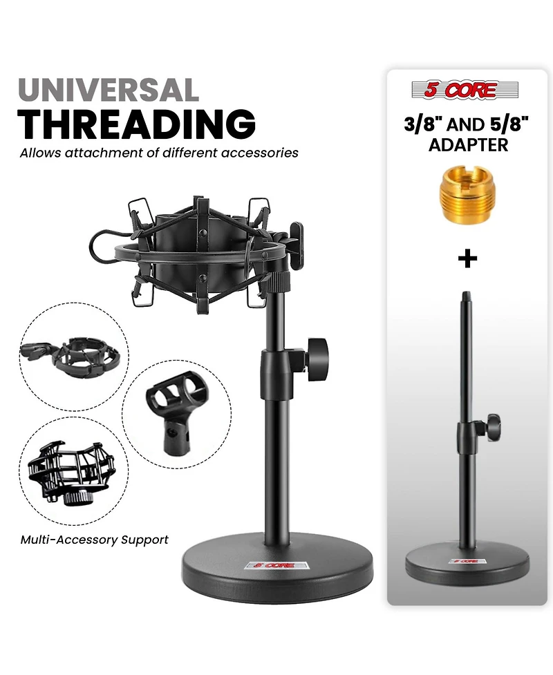 5 Core 3n1 Mic Stand Desk Adjustable Table Microphone Stands w Phone Holder Mic Clip