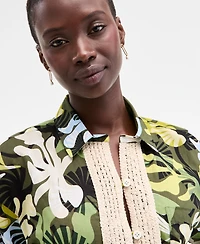On 34th Women's Leaf-Print Crochet-Trim Shirt, Exclusively at Macy's