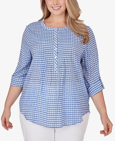 Ruby Rd. Plus Gingham Silky Henley Crew Neck Top