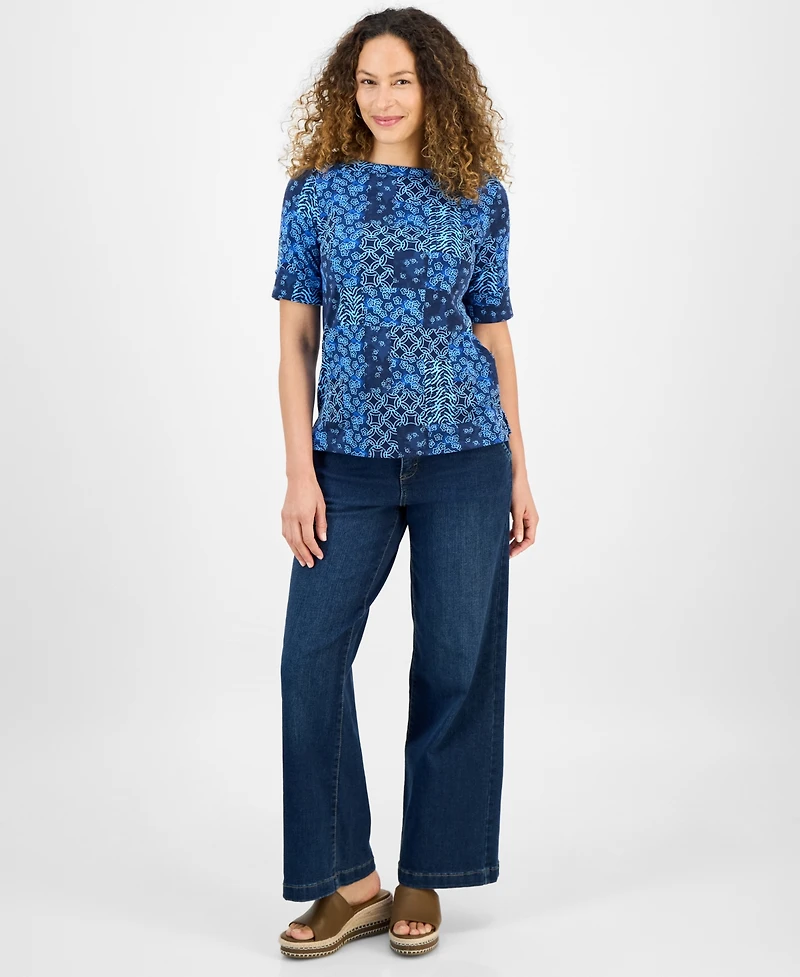 Style & Co Petite Elbow-Sleeve Patchwork Top, Exclusively at Macy's