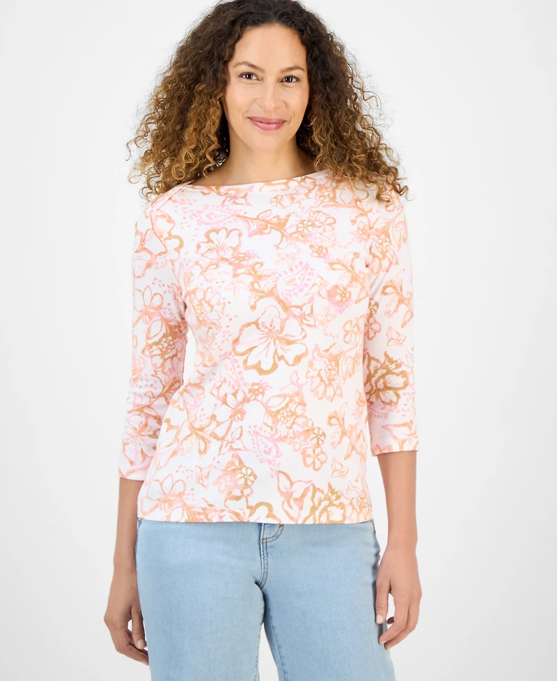 Style & Co Petite Floral Print Pima Cotton 3/4-Sleeve Top, Exclusively at Macy's