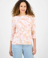 Style & Co Petite Floral Print Pima Cotton 3/4-Sleeve Top, Exclusively at Macy's