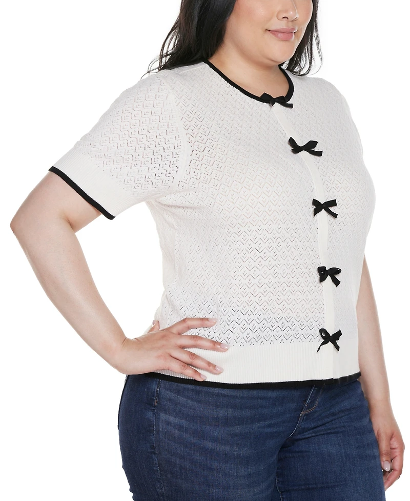 Belldini Plus Bow Detail Pointelle Short Sleeve Sweater