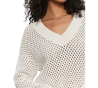 Sanctuary Women's Airy Openwork Cotton V-Neck Sweater