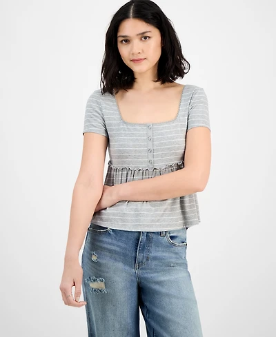 Hippie Rose Juniors' Square-Neck Short-Sleeve Babydoll Top