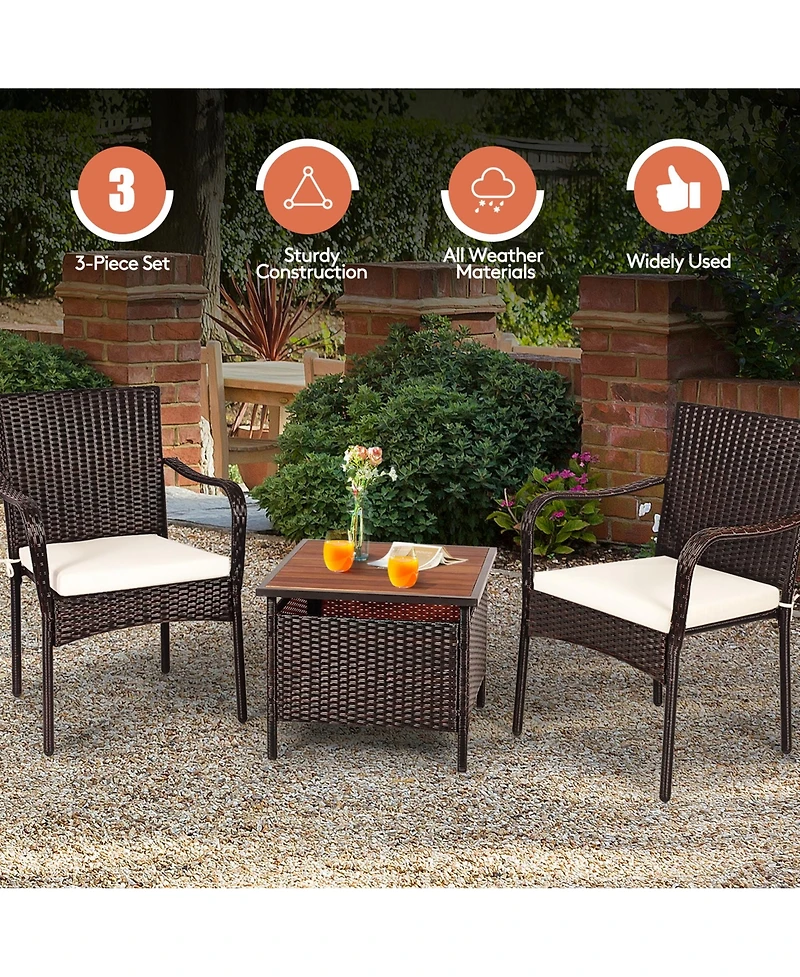 Gymax 3PCS Outdoor Patio Bistro Set Pe Rattan Conversation Set w/ Umbrella Hole