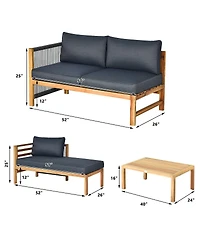 Gymax 3PCS Patio Acacia Wood Sofa Furniture Set Thick Cushion W/ Nylon Rope Armrest