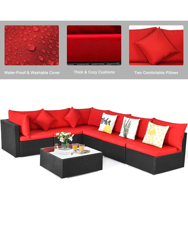 Gymax 7PCS Rattan Patio Conversation Set Sectional Furniture Set w/ Red Cushion