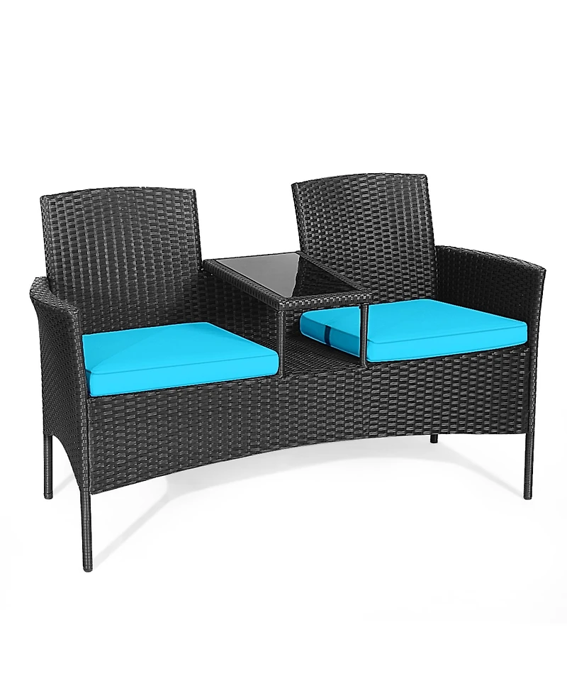 Gymax Rattan Wicker Patio Conversation Set w/ Table Turquoise Cushion