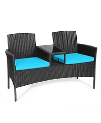Gymax Rattan Wicker Patio Conversation Set w/ Table Turquoise Cushion