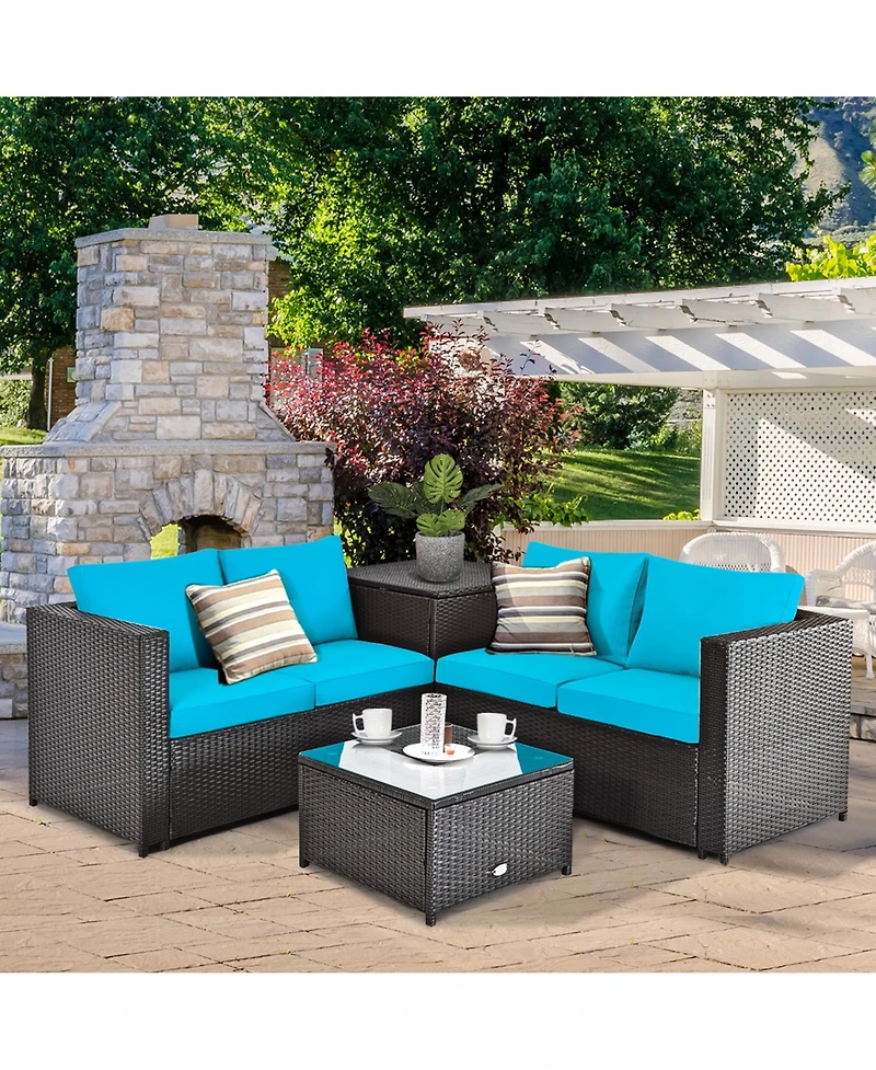 Gymax 4PCS Cushioned Rattan Patio Conversation Set w/ Side Table Turquoise Cushion