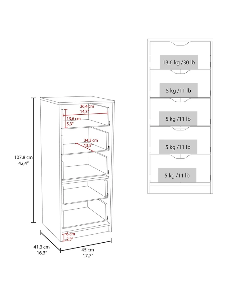Houma 5 Drawers Narrow Dresser, Slim Storage Chest of Drawers, Natural Oak