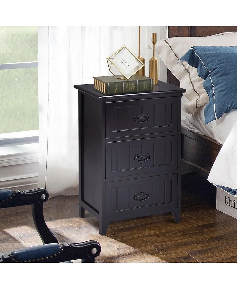 Gymax 2 Pcs 3 Drawers Nightstands End Table Storage Wood Side Bedside