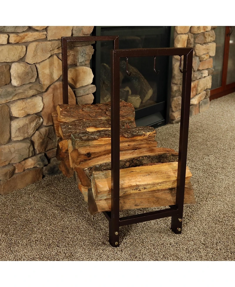 Indoor/Outdoor Steel Fire Pit or Fireplace Firewood Log Rack Holder with Hooks - 30"