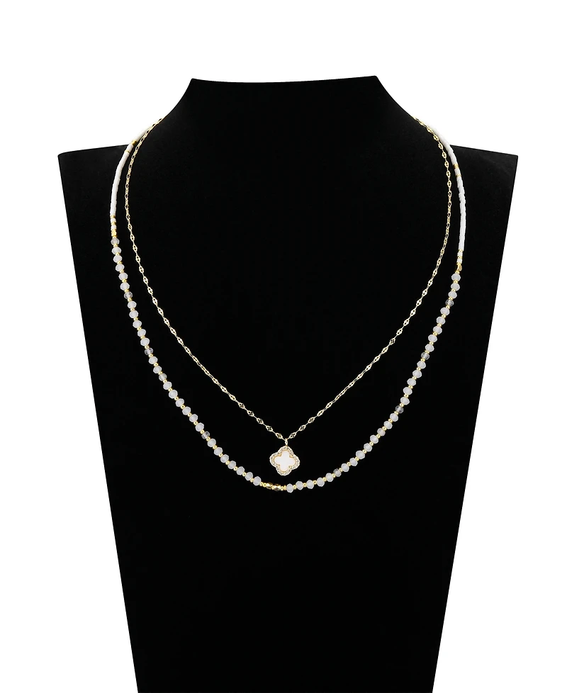 Unwritten Labradorite Stone Mother of Pearl and Cubic Zirconia Clover Layered Necklace Set