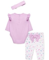 Little Me Baby Girls Pretty Bows Cotton Headband, Bodysuit & Pants Set