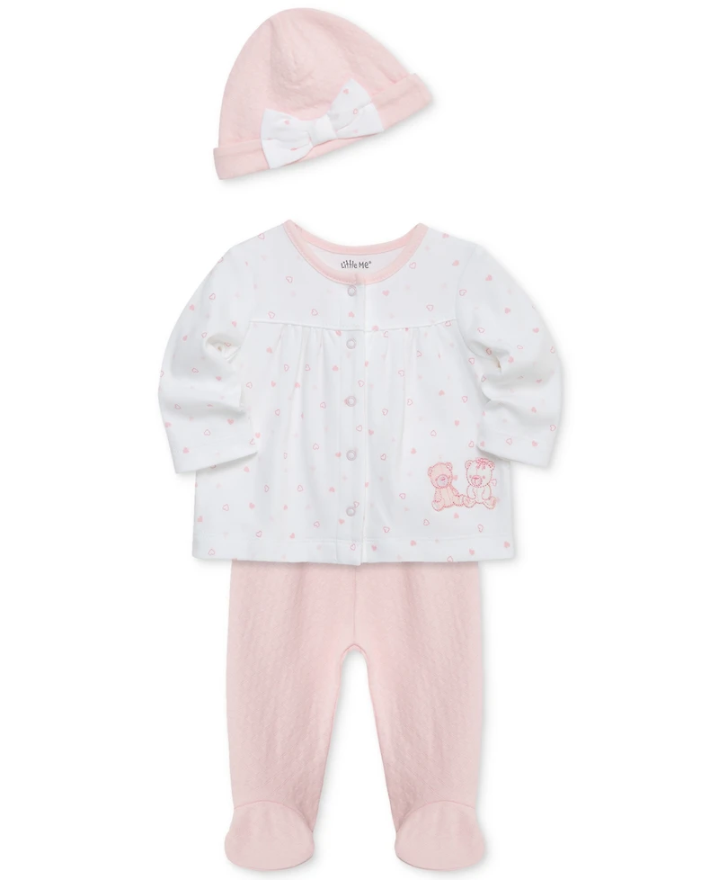 Little Me Baby Girls Joyful Cotton Hat, Cardigan & Footed Pants Set