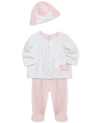 Little Me Baby Girls Joyful Cotton Hat, Cardigan & Footed Pants Set