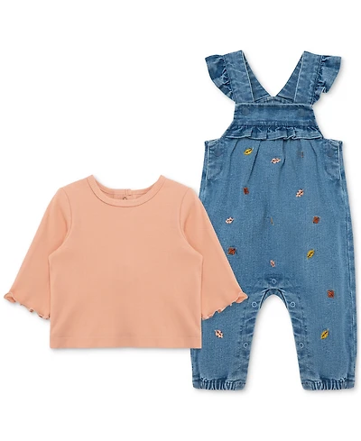 Little Me Baby Girls Leaves Woven Denim Overall & Top Set