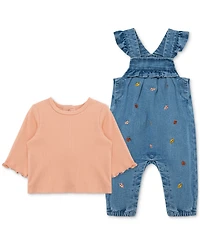 Little Me Baby Girls Leaves Woven Denim Overall & Top Set