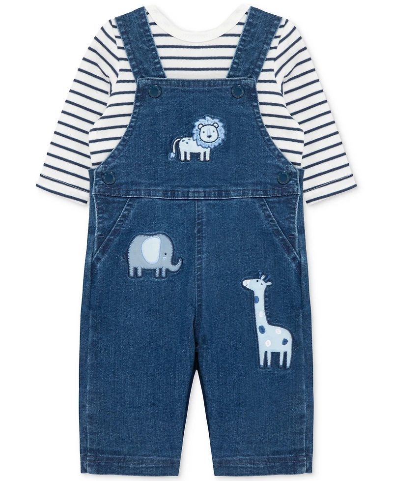 Little Me Baby Boys Striped T-Shirt & Safari Woven Denim Overall, 2 Piece Set