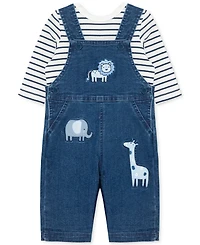 Little Me Baby Boys Striped T-Shirt & Safari Woven Denim Overall, 2 Piece Set