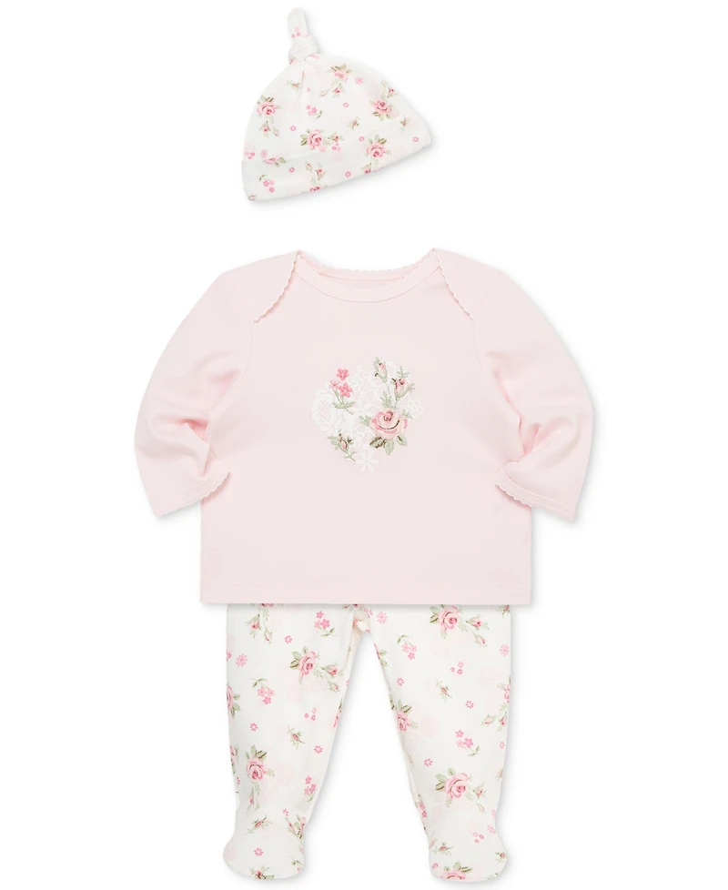 Little Me Baby Girls Cotton Lace Floral Top, Hat & Footed Pants, 3 Piece Set