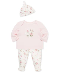 Little Me Baby Girls Cotton Lace Floral Top, Hat & Footed Pants, 3 Piece Set