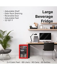SnowLion Premium 69L Beverage Refrigerator 2.4 Cu.ft. Freestanding Mini Fridge With Glass Door in Red