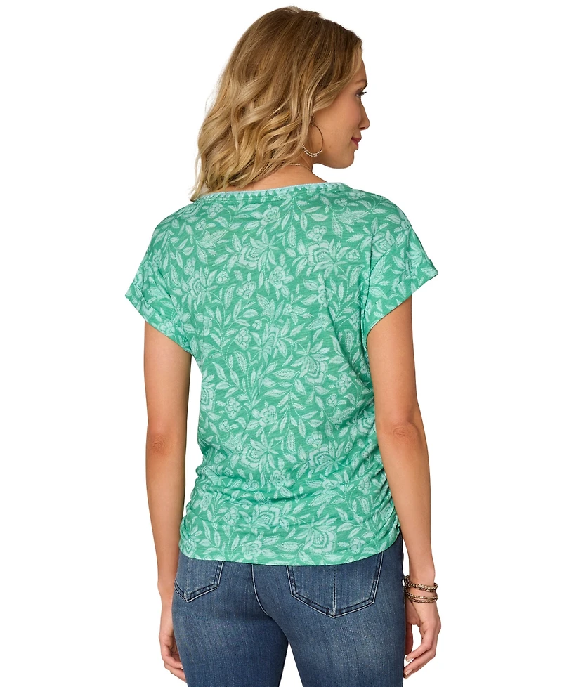 Democracy Petite Printed Side-Shirred Rolled-Cuff Top