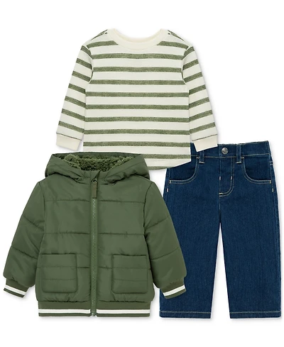 Little Me Baby Boys Hooded Jacket, Striped T-Shirt & Denim Pants, 3 Piece Set