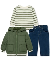 Little Me Baby Boys Hooded Jacket, Striped T-Shirt & Denim Pants, 3 Piece Set