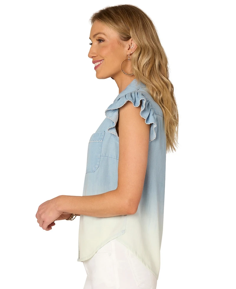 Democracy Petite Ombre Button-Front Flutter-Sleeve Top