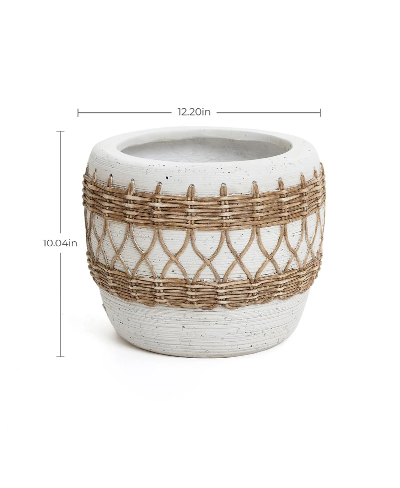 LuxenHome Boho White with Brown Accents -Inch Round MgO Planter