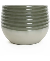 LuxenHome Emerald Ribbed Top with Ivory Bottom 14.6" Tall Resin Round Planter