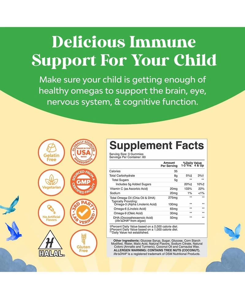 Kids Omega Dha Gummies | Immunity and Focus, Lemon & Orange Flavor | 90ct
