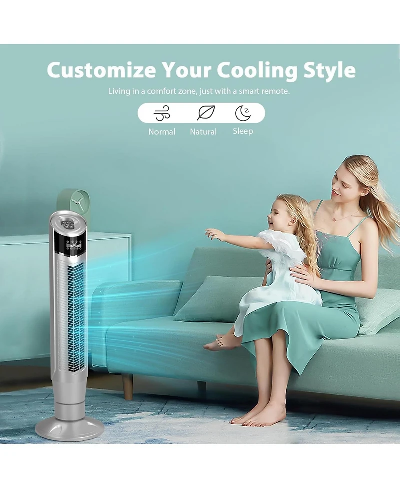 Cowsar Tower Fan 360°Oscillating Fan Quiet Cooling 24H Timer Remote Control Powerful Standing 8 Wind Speed 3 Wind Modes Ionizer Mode Bladeless Po