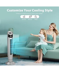 Cowsar Tower Fan 360°Oscillating Fan Quiet Cooling 24H Timer Remote Control Powerful Standing 8 Wind Speed 3 Wind Modes Ionizer Mode Bladeless Po