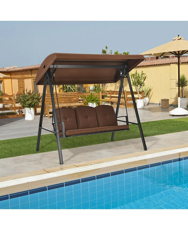 Outdoor 3-Seat Porch Swing with Adjust Canopy and Cushions